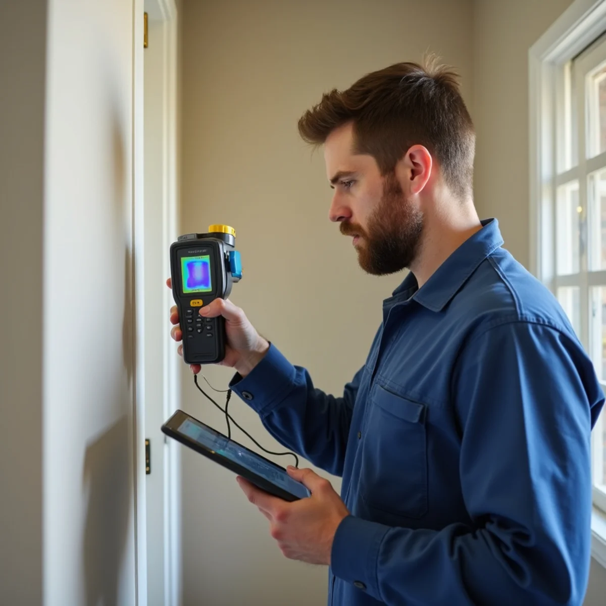 Technician moisture-mapping a wall with a meter during a Daly City inspection