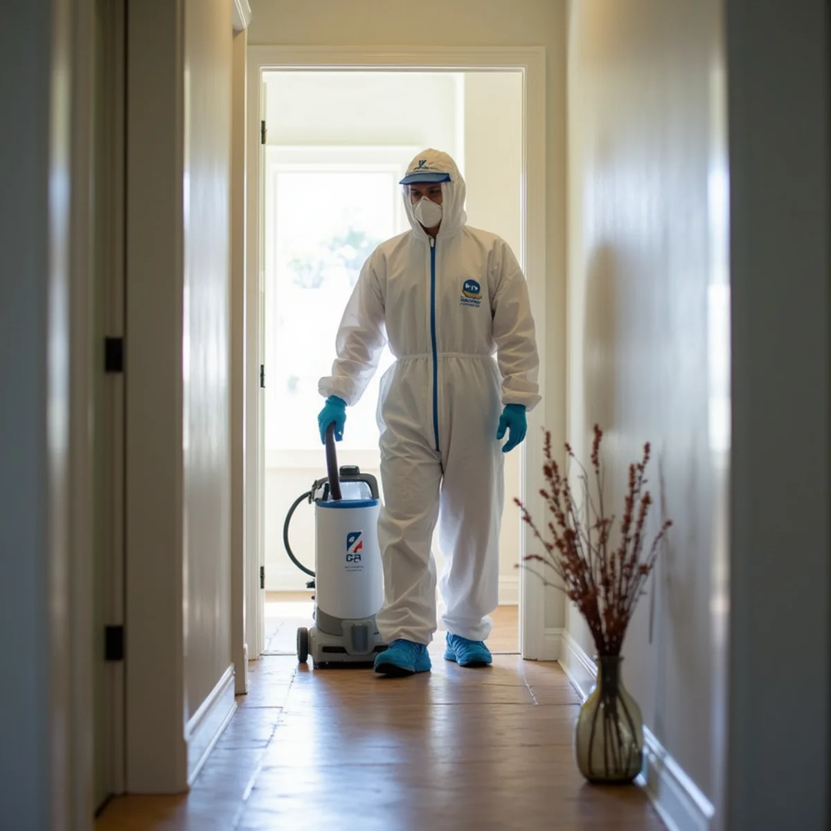 Mold containment and HEPA air scrubber setup inside a Daly City home
