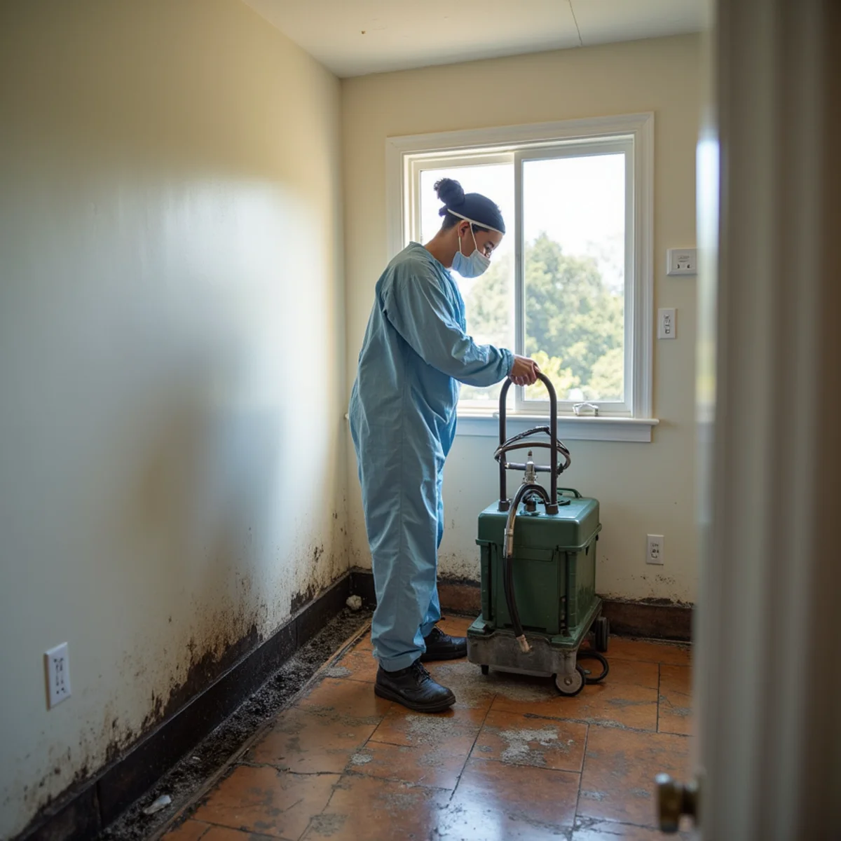 Technician in PPE removing black mold under containment in a Daly City home
