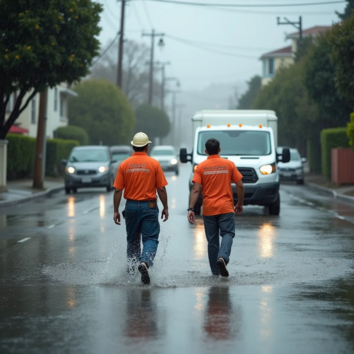 Heavy atmospheric-river rain flooding a Daly City street