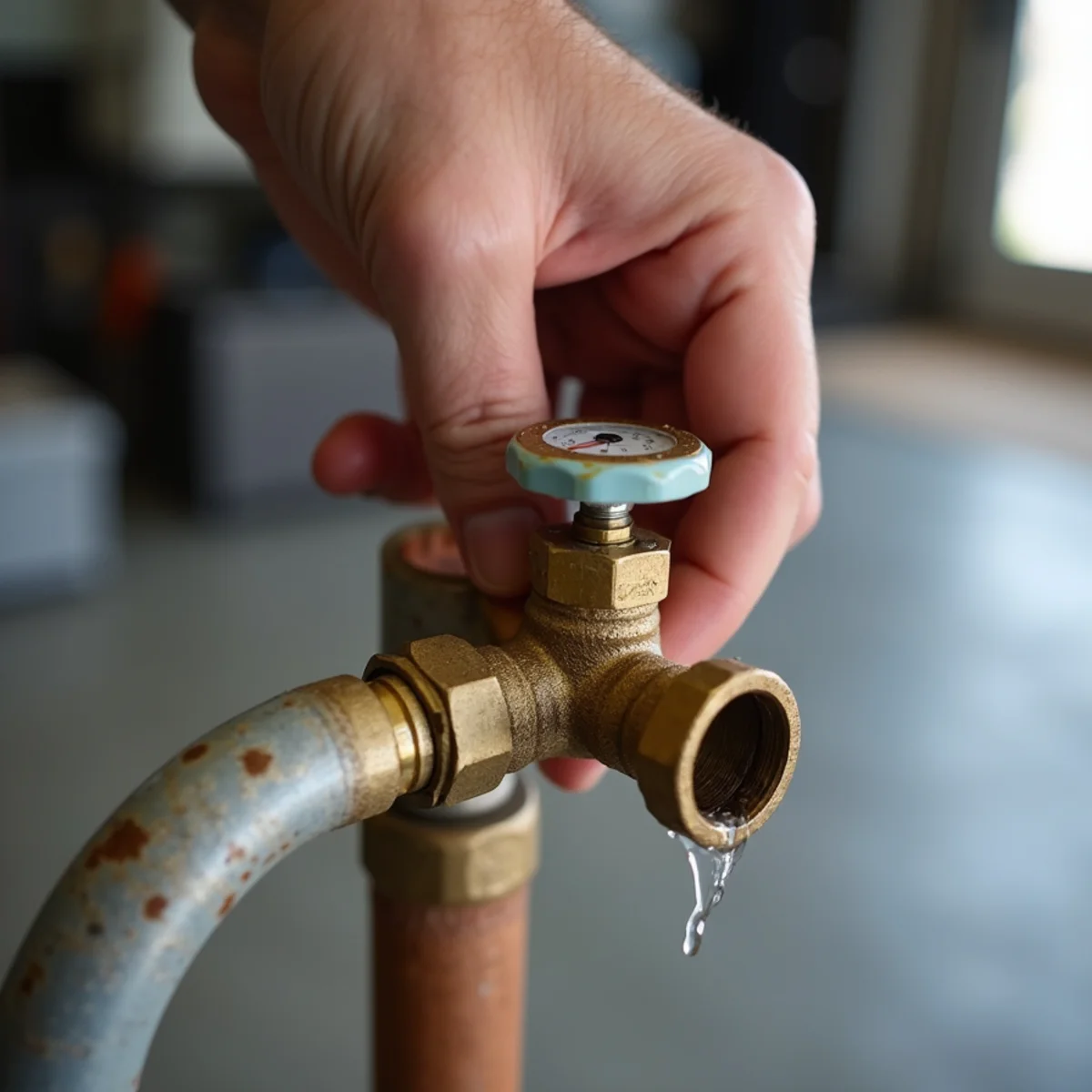 Homeowner turning off the main water shut-off valve in a Daly City home
