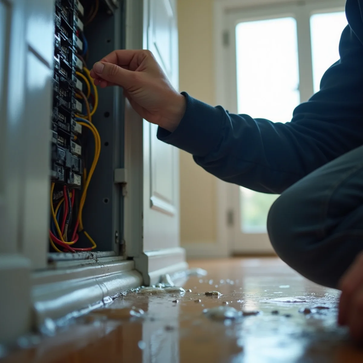 Hand switching off breakers in an electrical panel near water