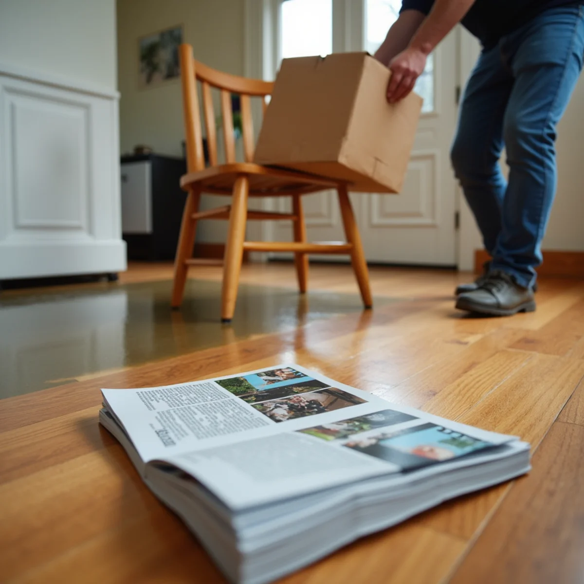 Person moving furniture and boxes away from water on the floor