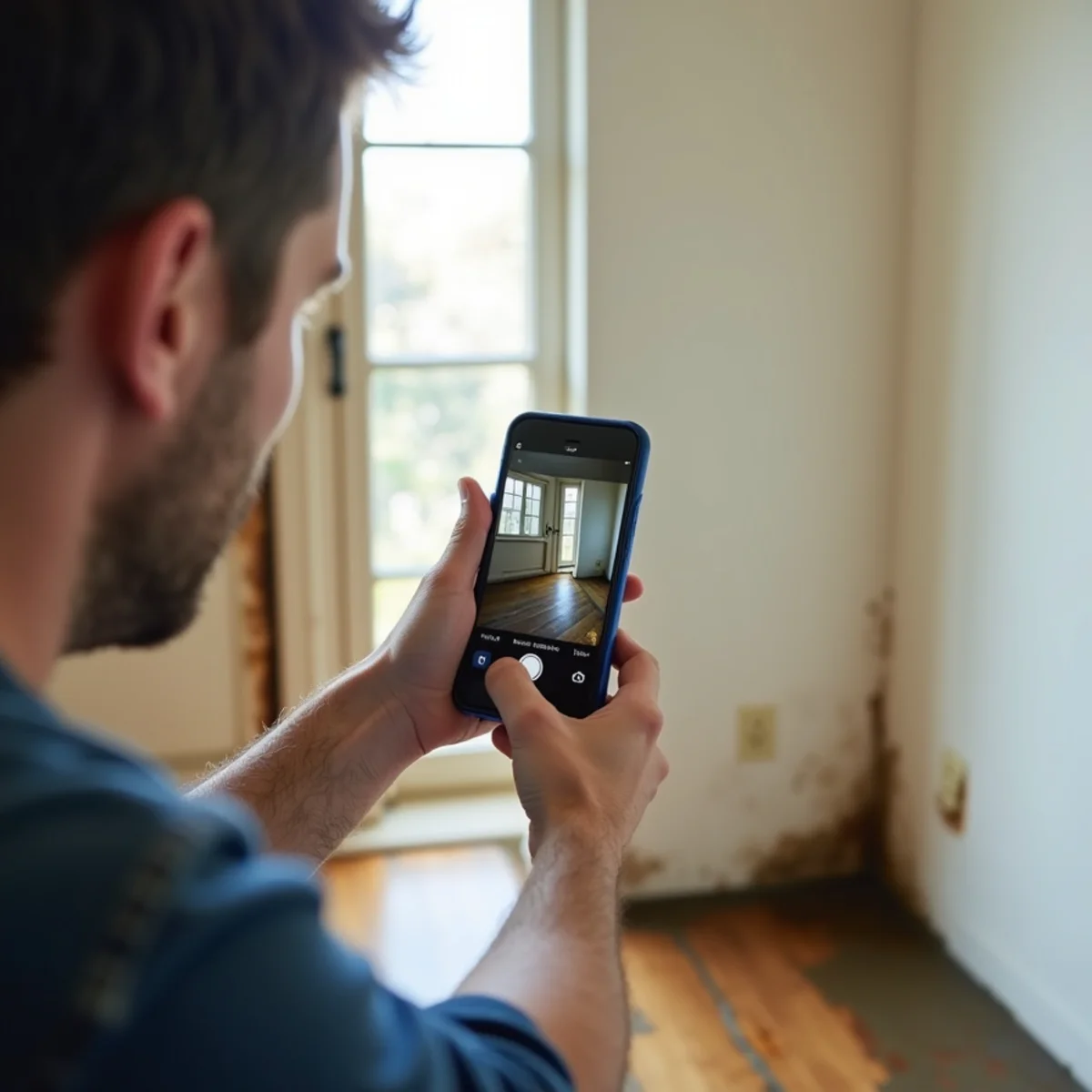 Homeowner photographing water damage with a phone for an insurance claim