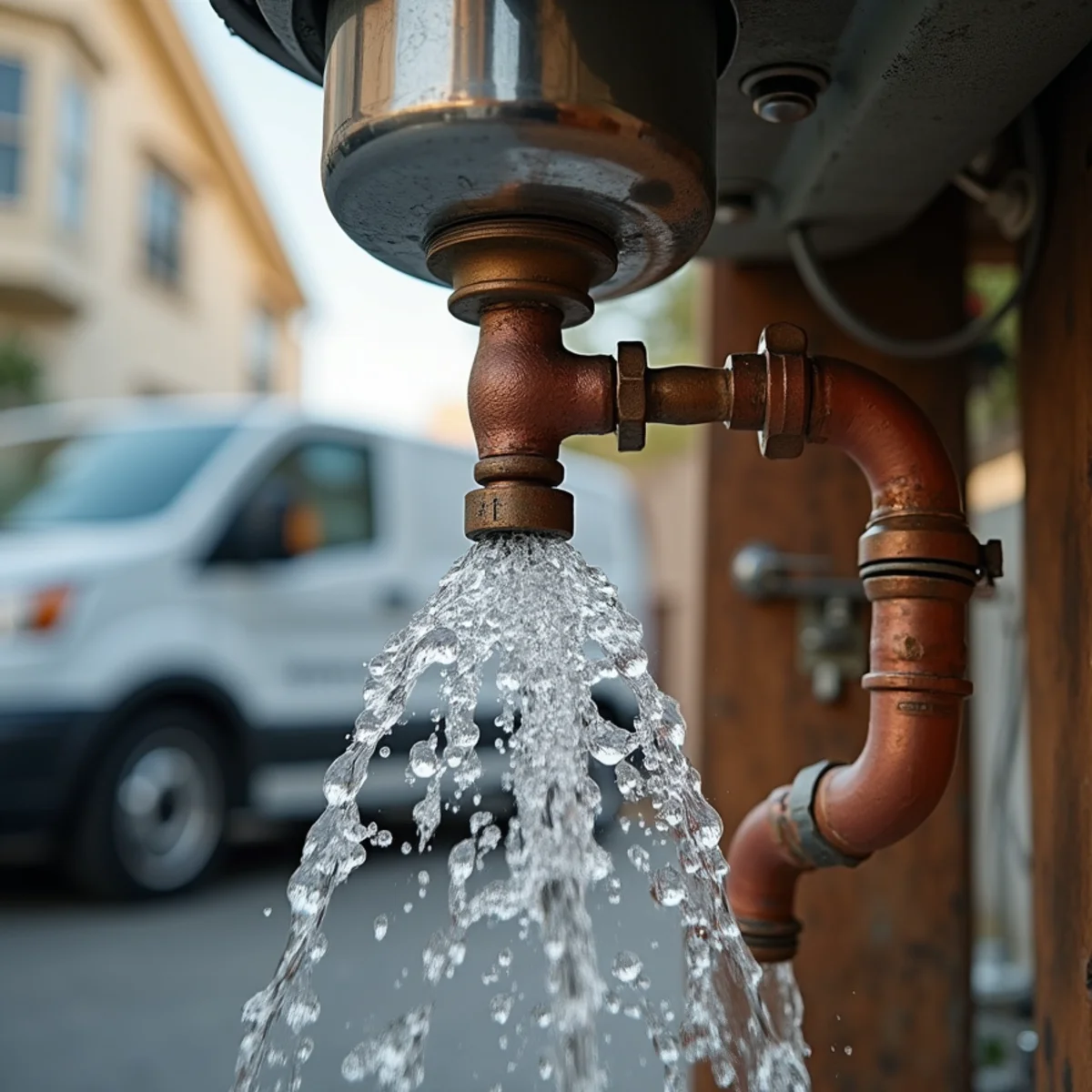 Water spraying from a burst copper pipe under a sink