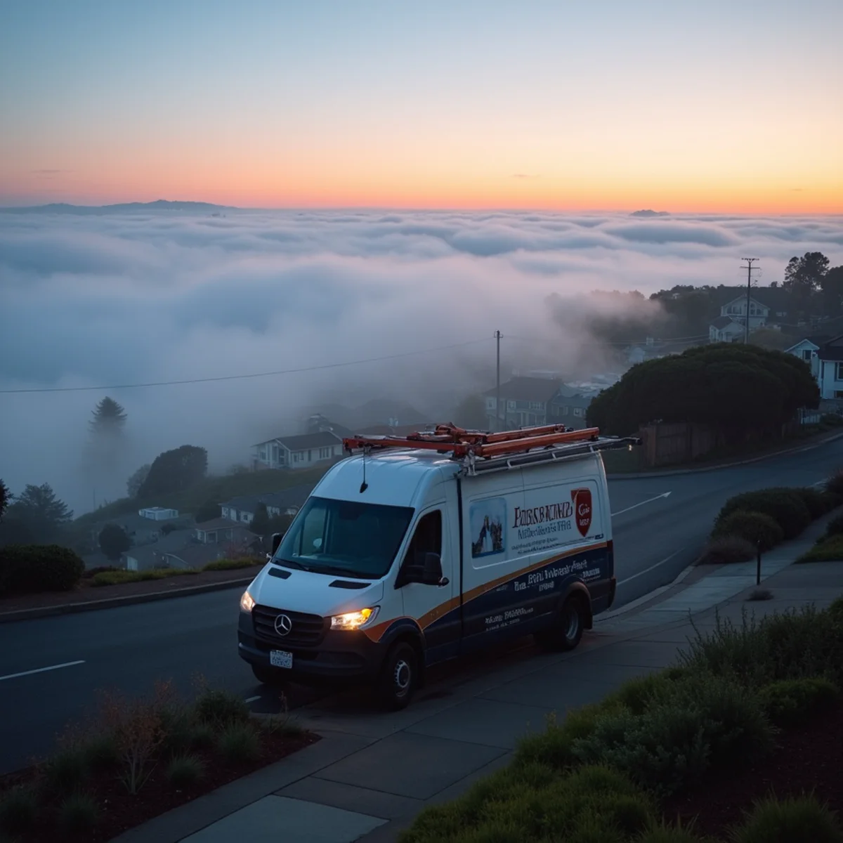 Fog rolling over Daly City hillside homes at dusk