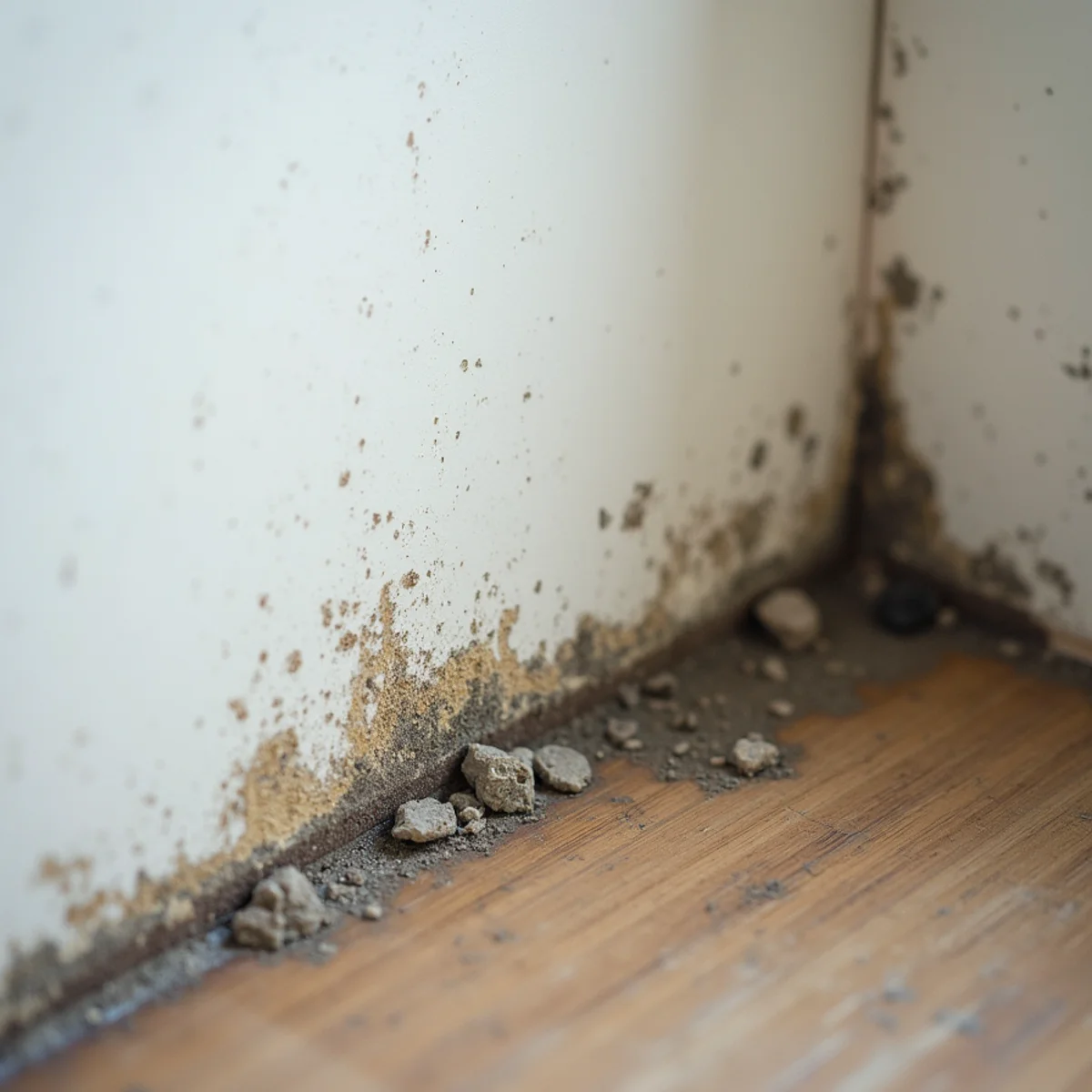 Close-up of early mold growth on a damp drywall corner