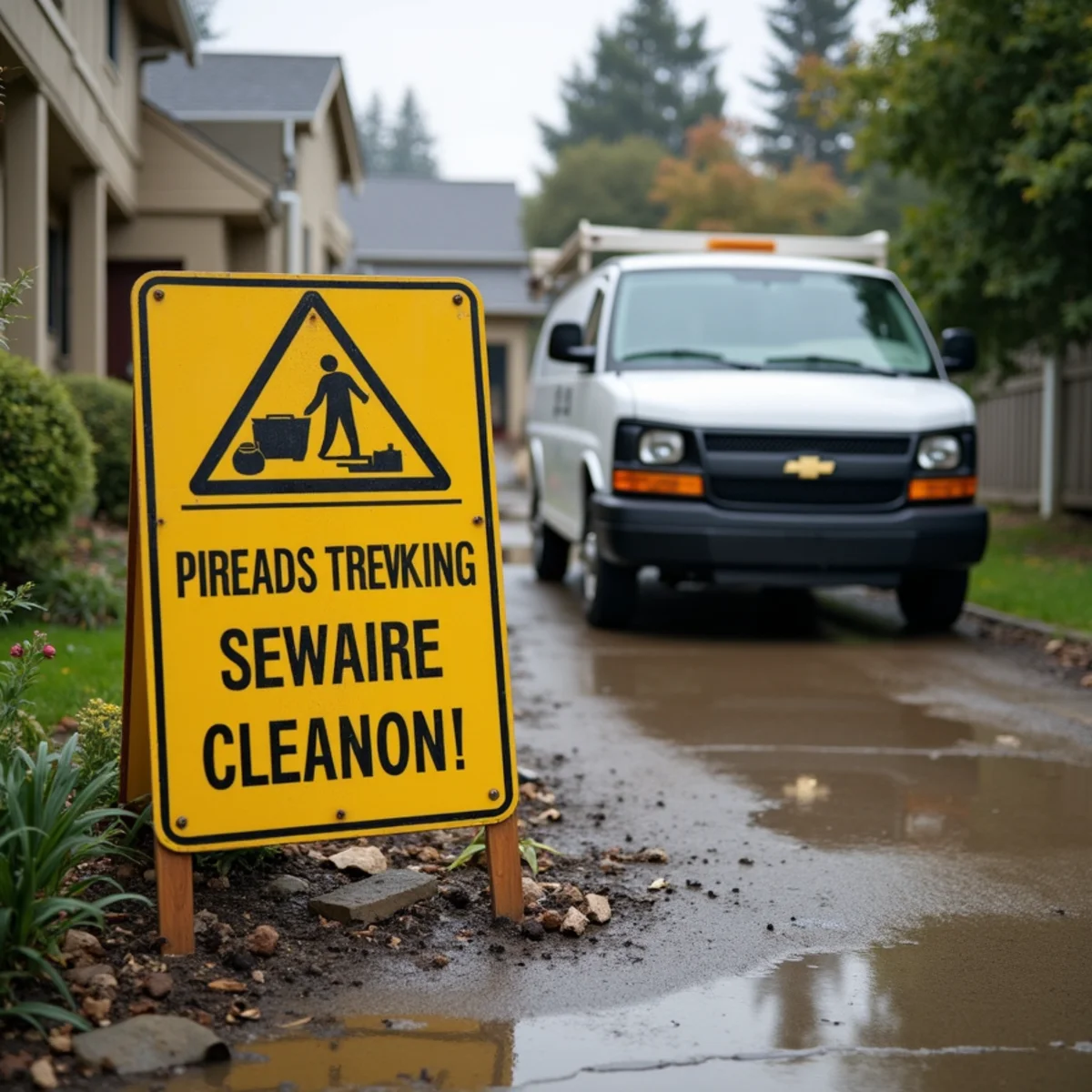 Warning sign near a sewage backup in a home requiring professional cleanup