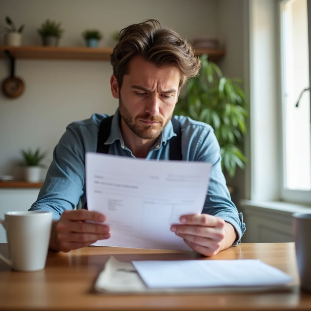 Homeowner reviewing a high water bill at a kitchen table