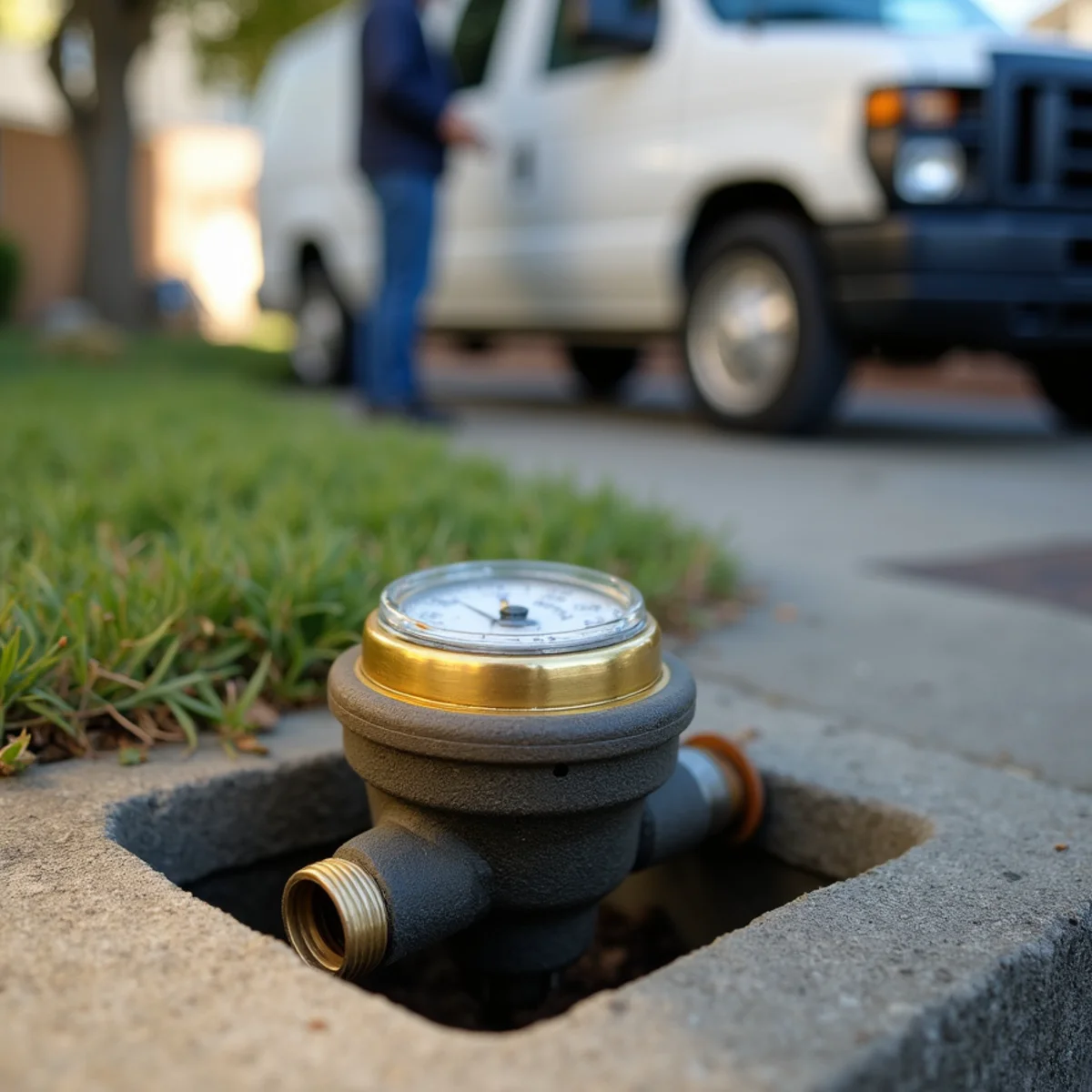 Close-up of a residential water meter dial spinning