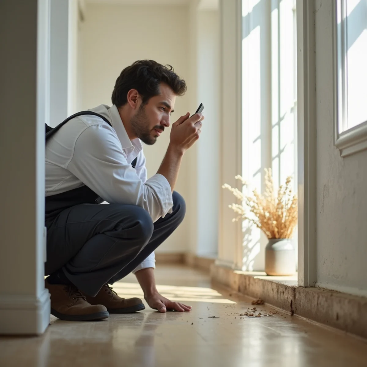 Person noticing a musty smell near a damp baseboard