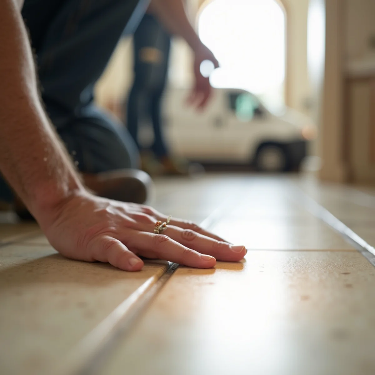 Hand feeling a warm spot on tile flooring indicating a slab leak