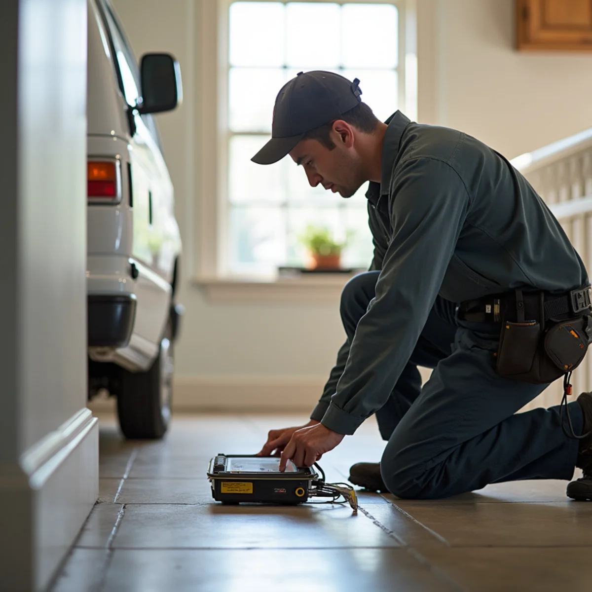 Technician using electronic leak detection on a slab floor in a Westlake home