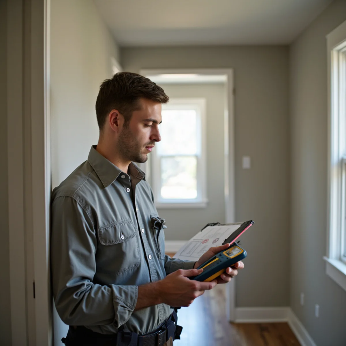 Restoration estimator documenting water damage with a moisture meter in a Daly City home