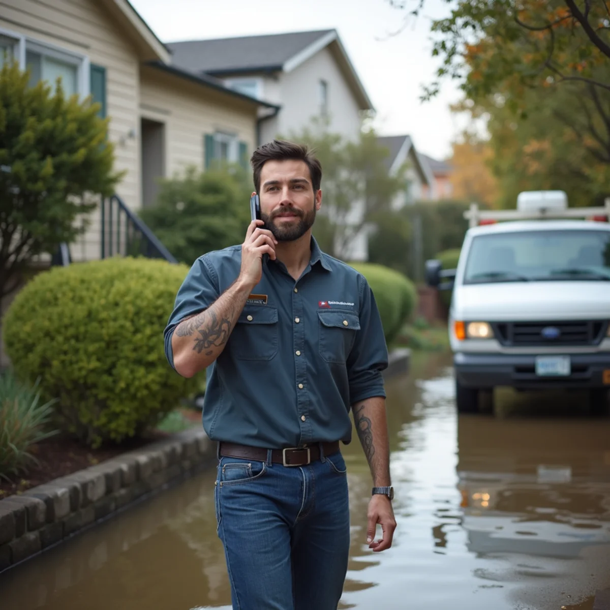 Person on the phone standing in a flooded home deciding who to call first