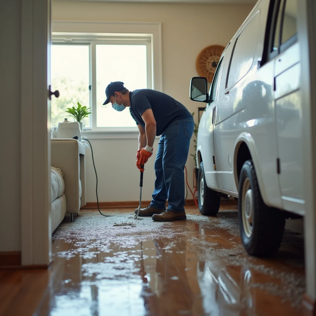 Technician cleaning up water from a burst pipe inside a Daly City home
