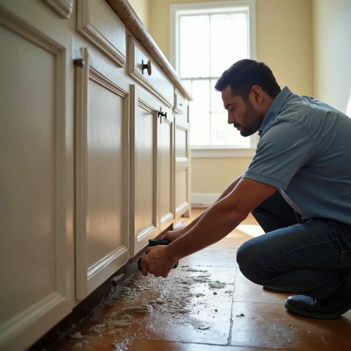 Water-damaged kitchen cabinet base being dried in a Daly City home