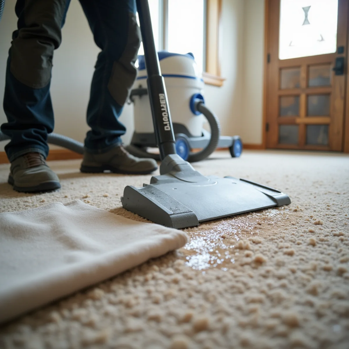 Carpet Water Damage & Drying in progress by an IICRC-certified technician in a Daly City, CA home