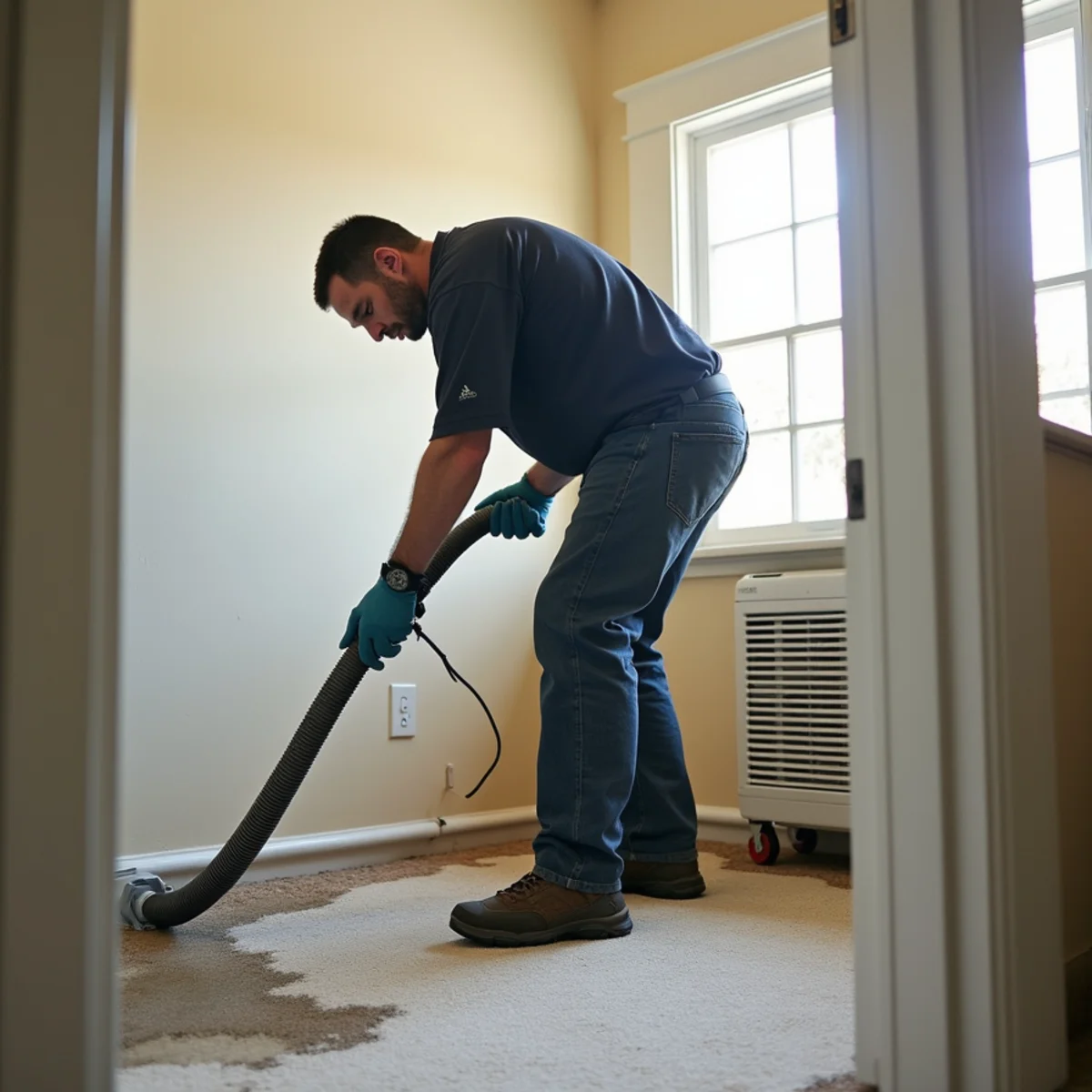 Technician extracting water from soaked carpet in a Daly City home