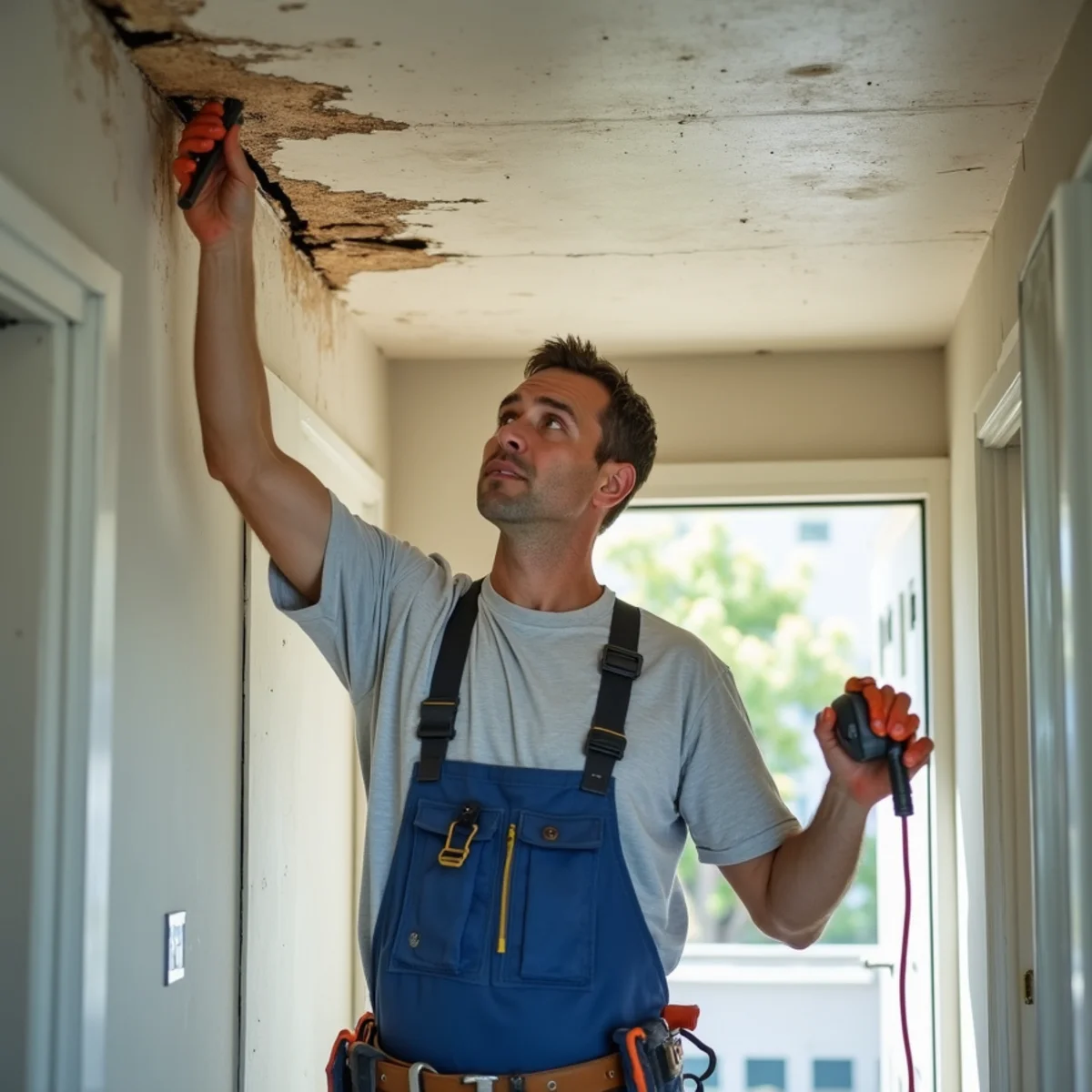 Water-stained sagging ceiling being repaired in a Daly City condo