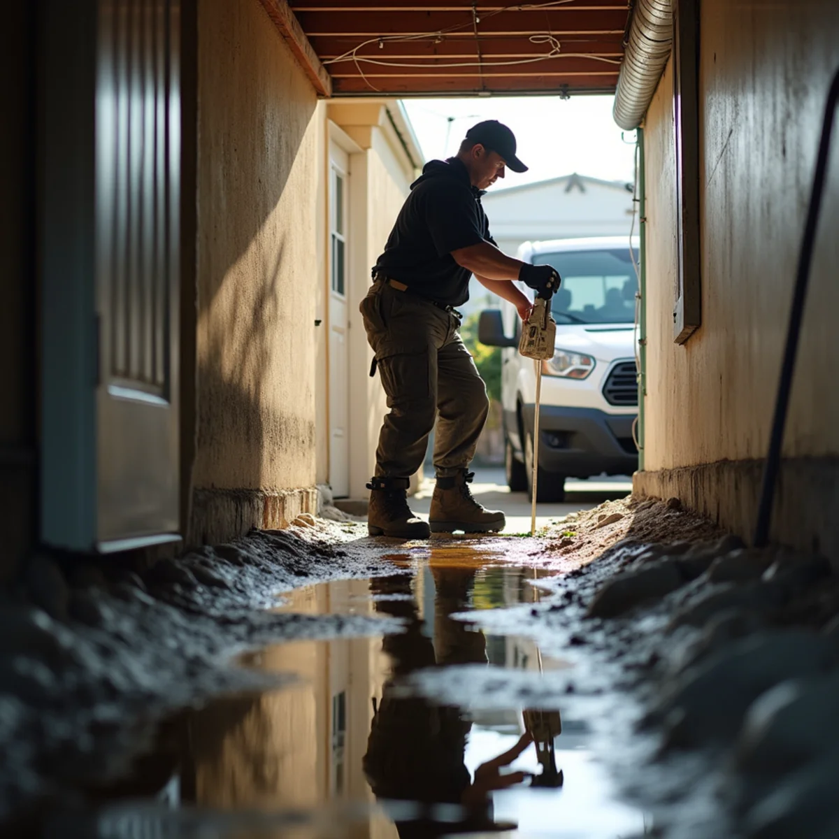 Technician removing standing water from a Daly City crawl space