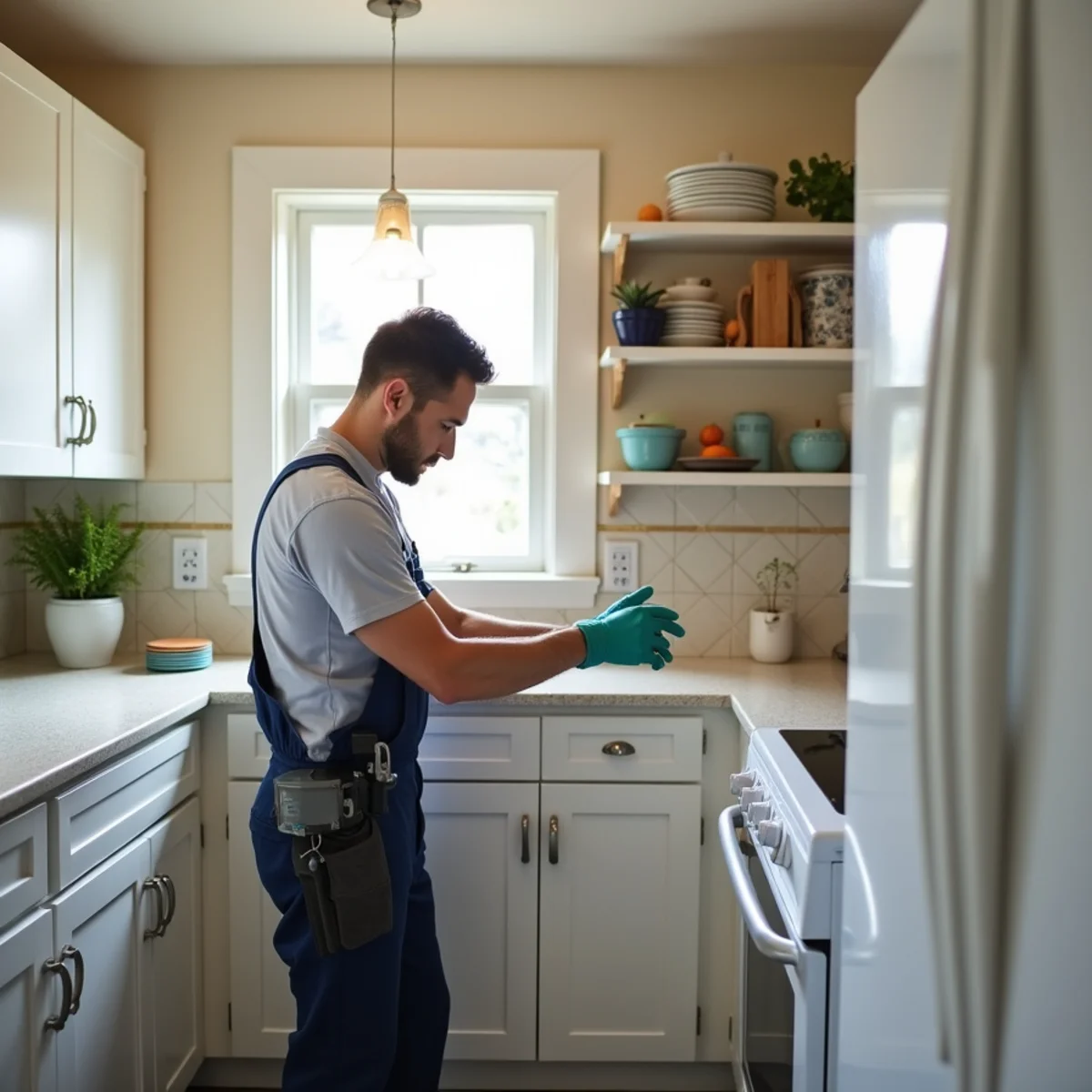 Technician drying cabinets after a dishwasher leak in a Daly City kitchen