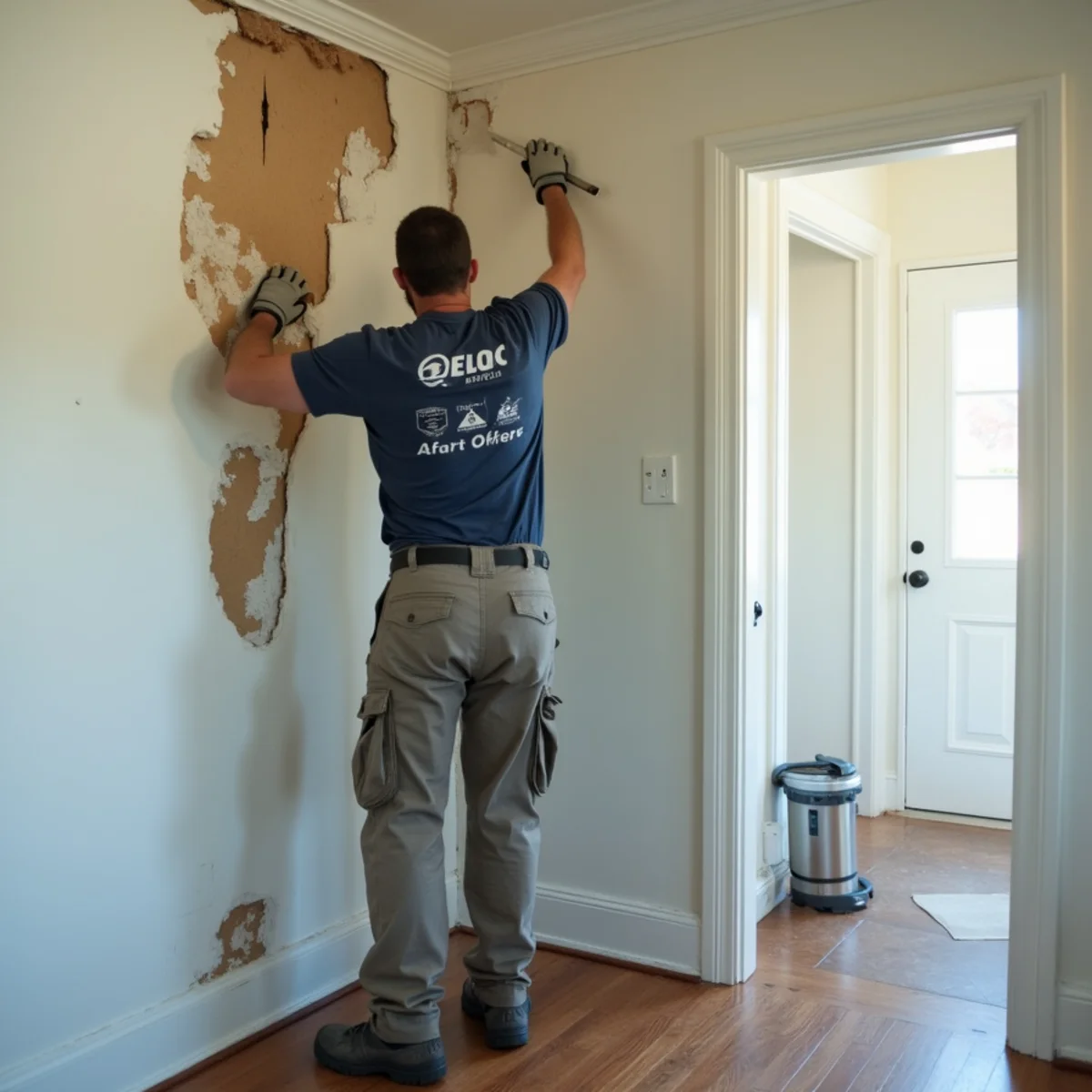 Contractor repairing water-damaged drywall in a Daly City home