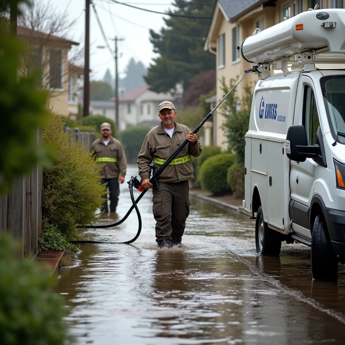 Emergency flood response crew pumping floodwater from a Daly City property