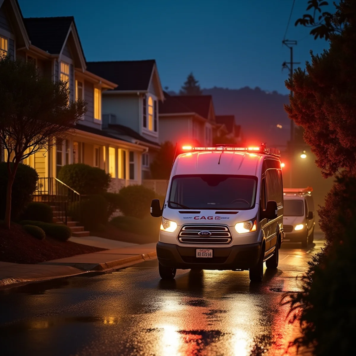Emergency water damage response van arriving at a Daly City home at night