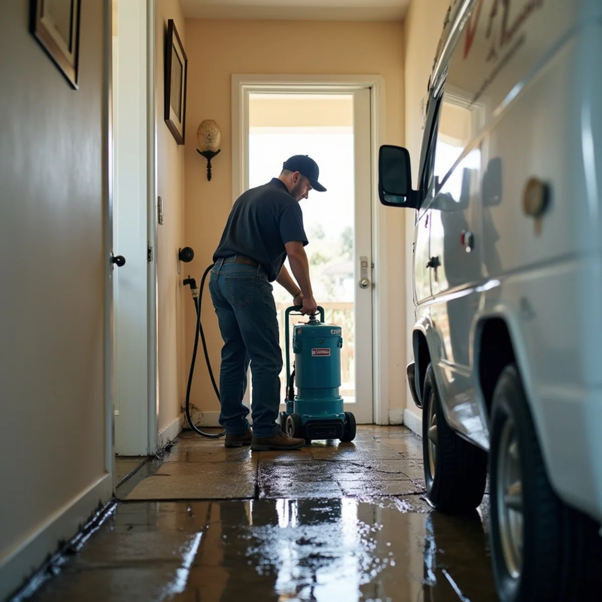 Technician performing emergency water removal with a submersible pump in a Daly City home