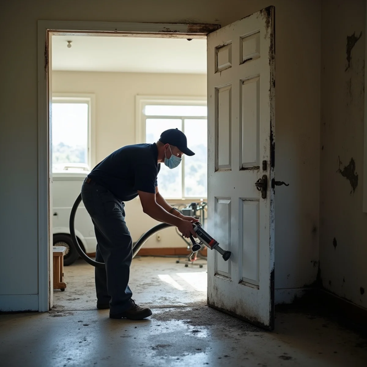 Fire and smoke damage restoration technician cleaning soot in a Daly City property