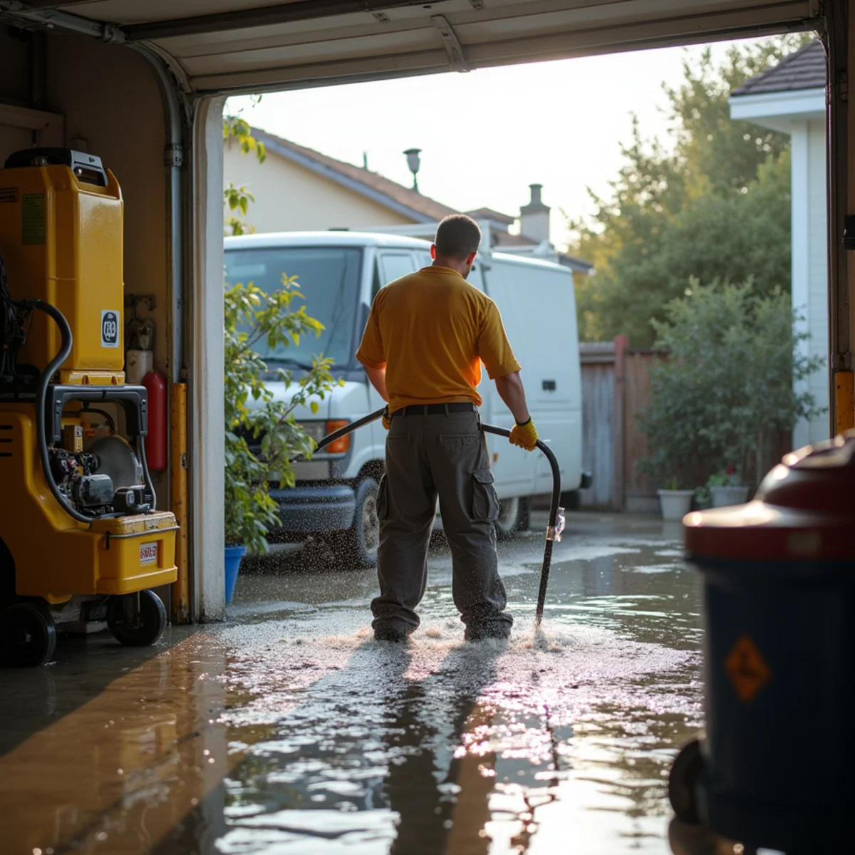 Flood damage cleanup crew pumping water from a flooded Daly City garage