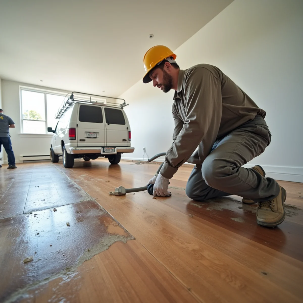 Water-damaged laminate flooring being removed in a Daly City home