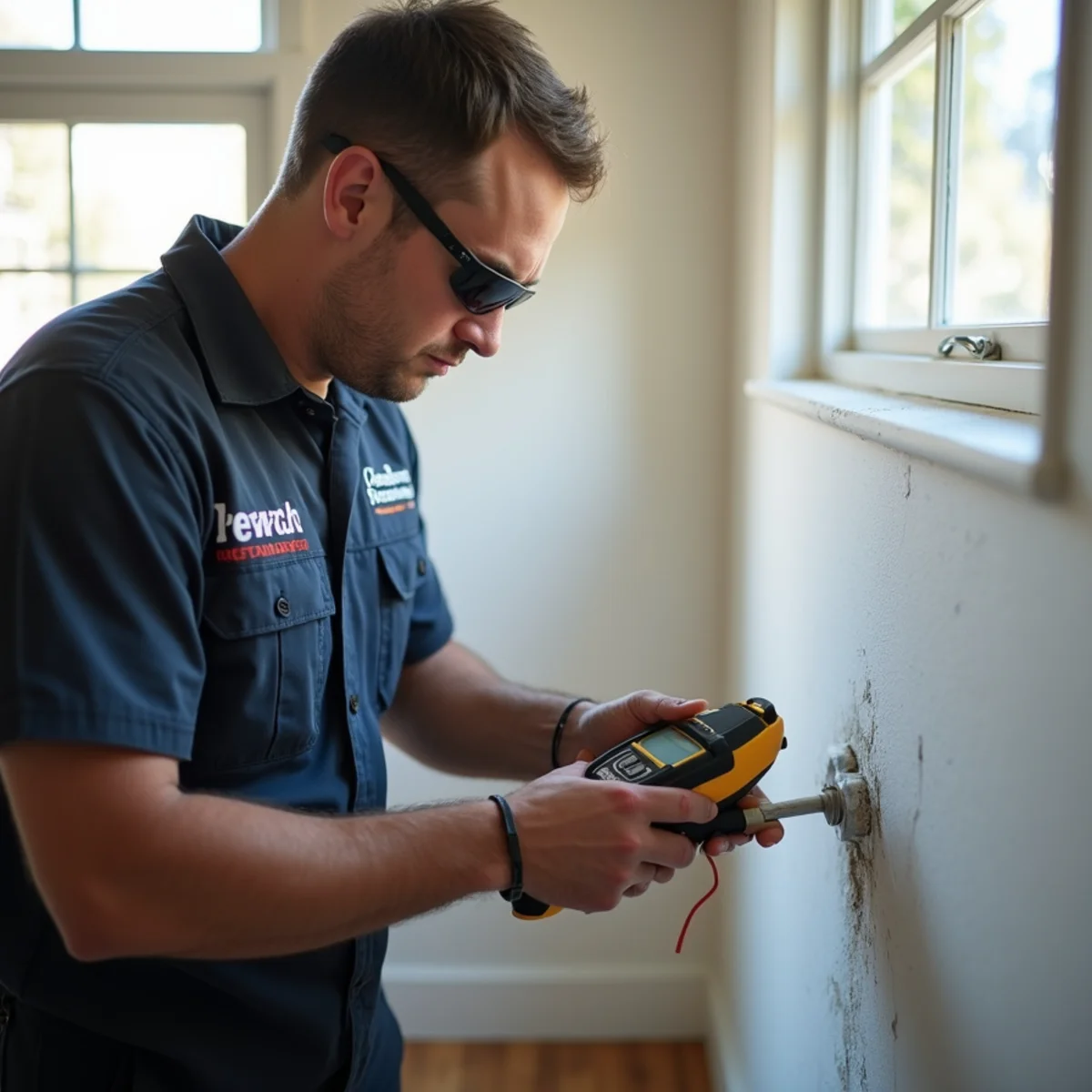 Technician performing a free water damage inspection with a moisture meter in Daly City