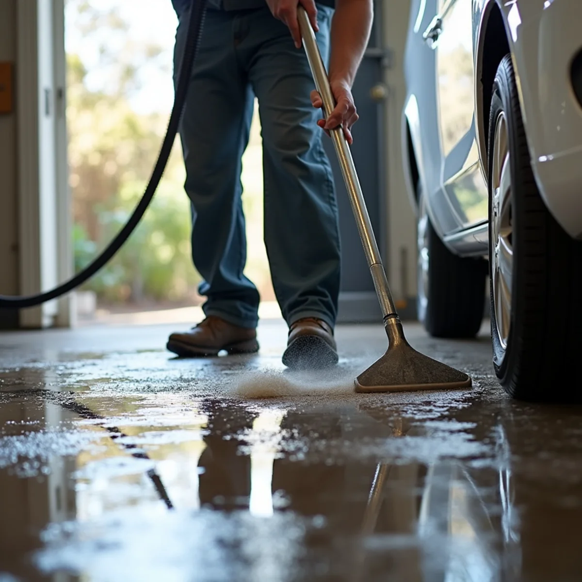 Garage Flood Cleanup in progress by an IICRC-certified technician in a Daly City, CA home