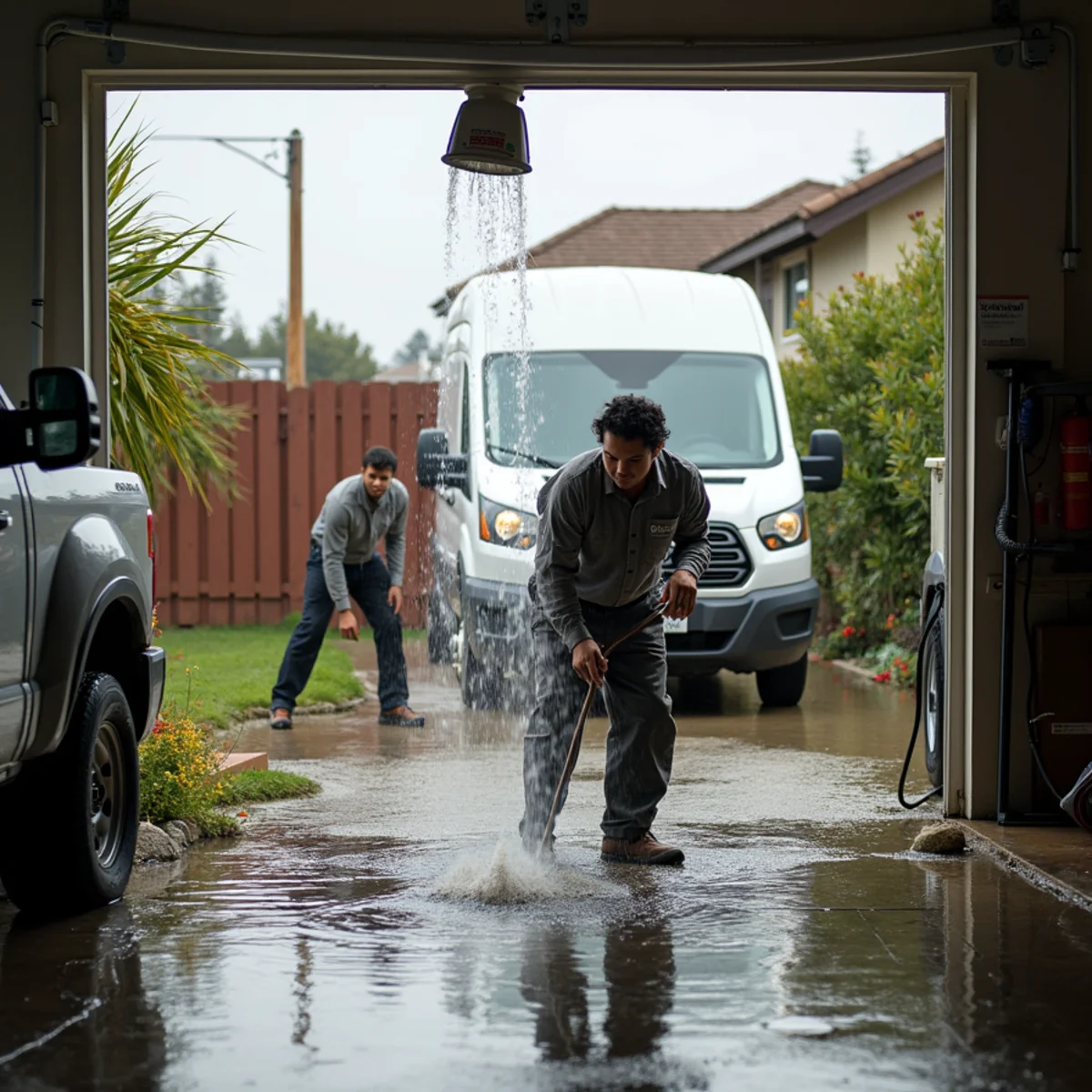 Crew pumping water from a flooded ground-level garage in Daly City