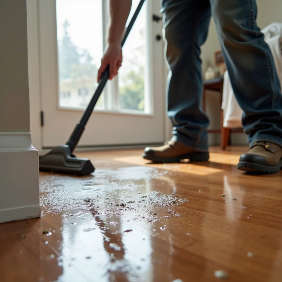 Hardwood Floor Water Damage in progress by an IICRC-certified technician in a Daly City, CA home