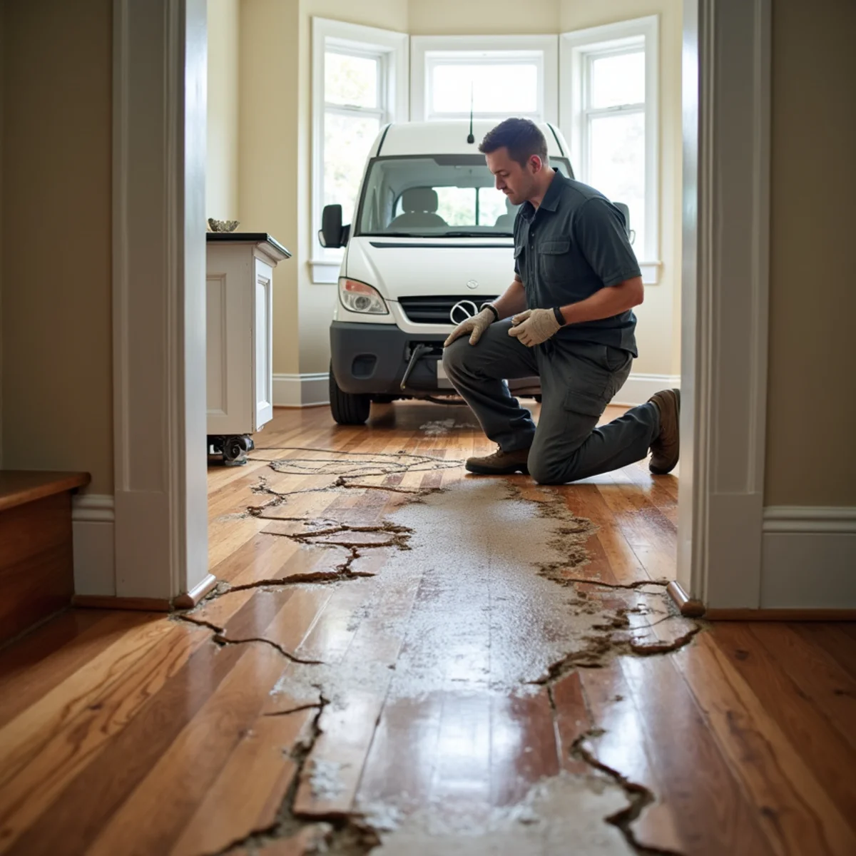 Cupped and buckled hardwood floor from water damage in a Daly City home