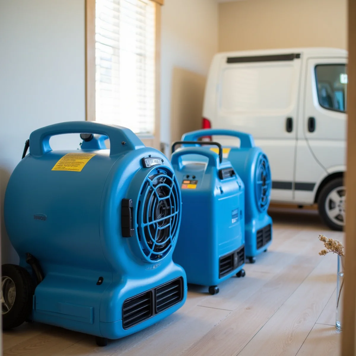 Air movers and a dehumidifier drying a water-damaged Daly City room