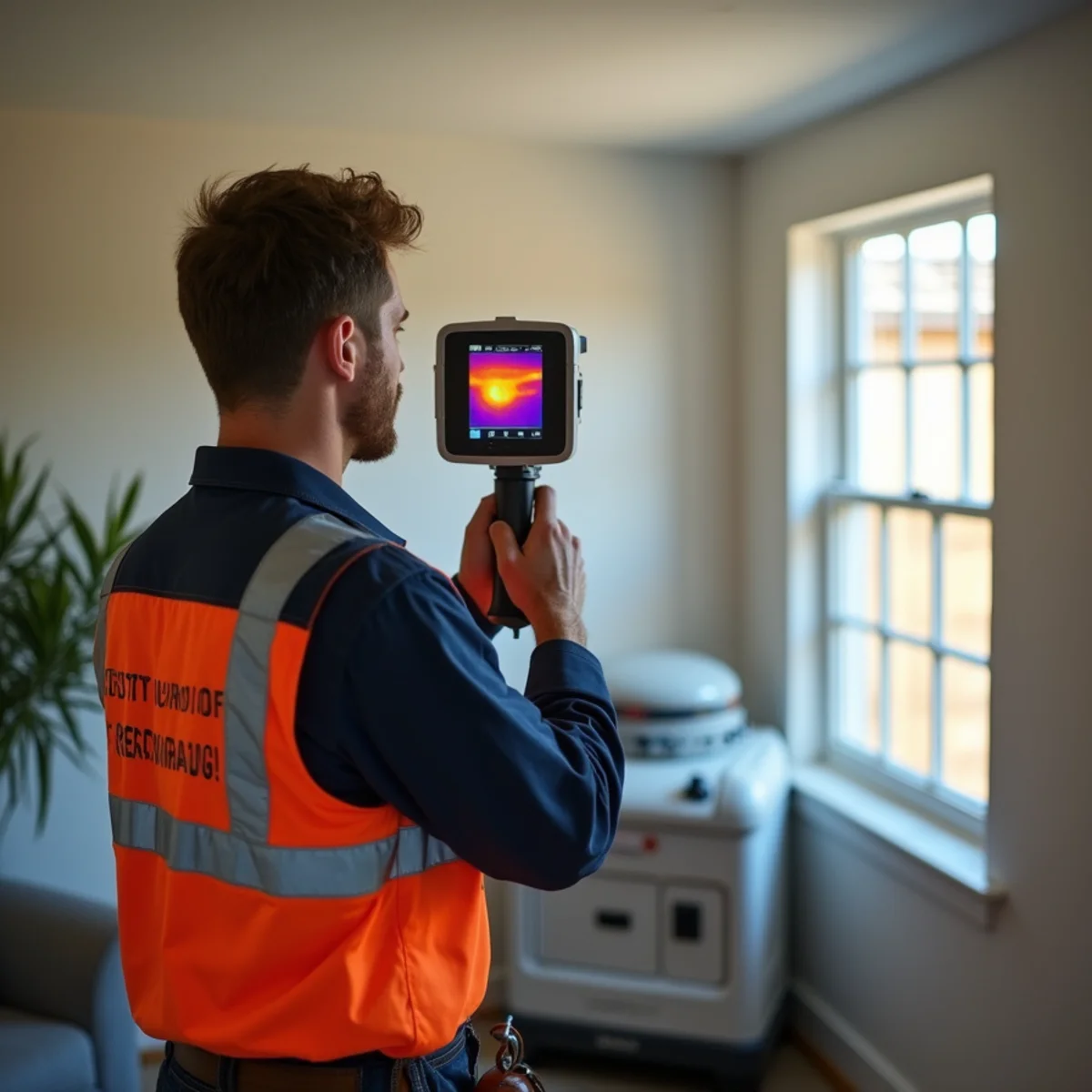 Technician using a thermal imaging camera for leak detection in a Daly City home