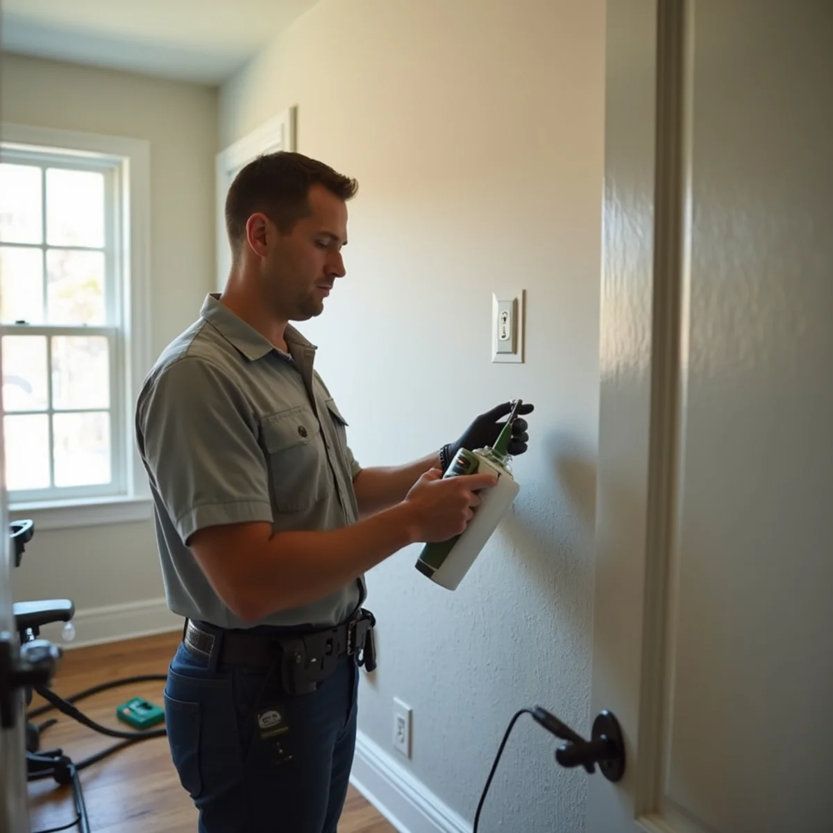 Specialist taking a mold air sample during an inspection in a Daly City home