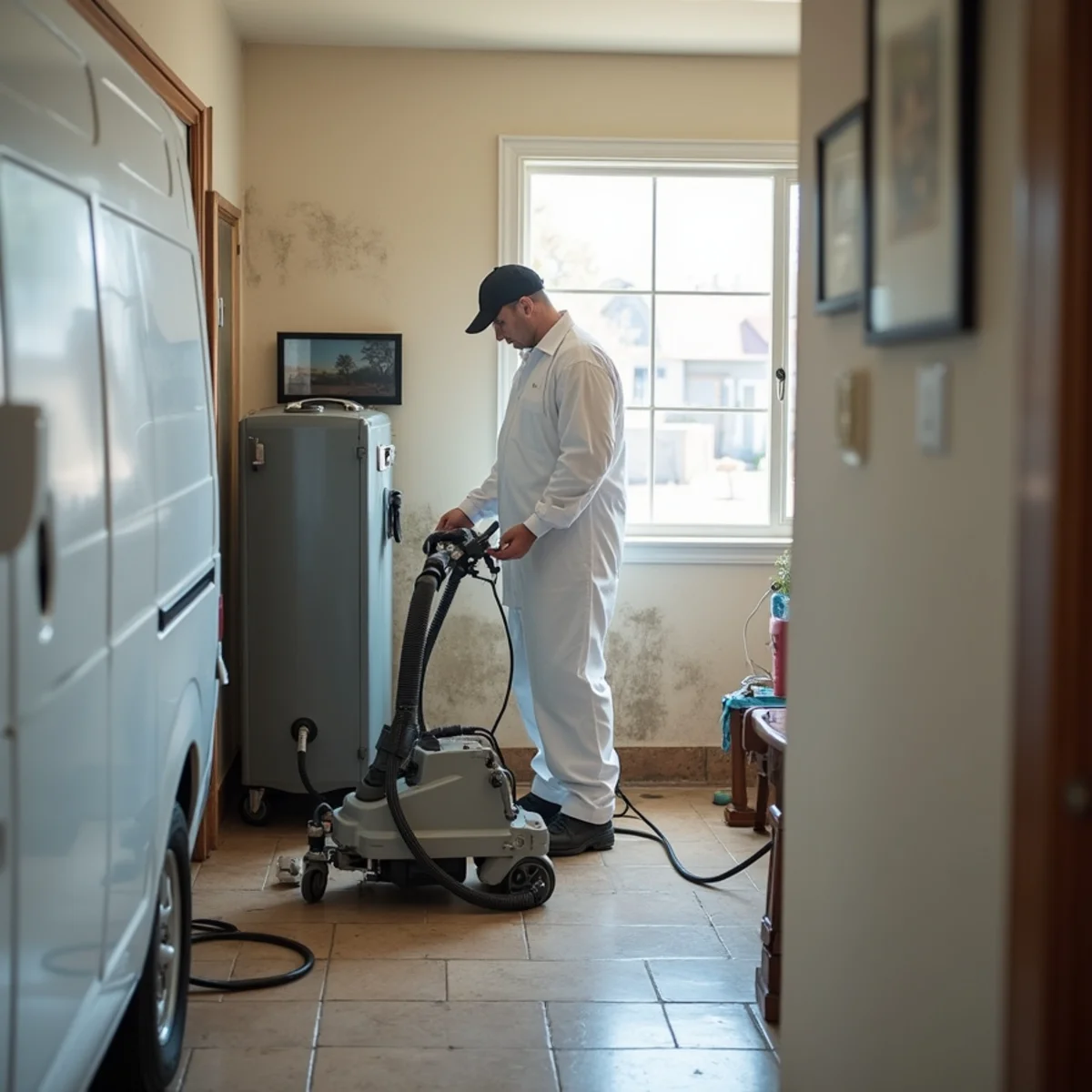 Mold remediation specialist setting up containment and HEPA air scrubber in a Daly City home