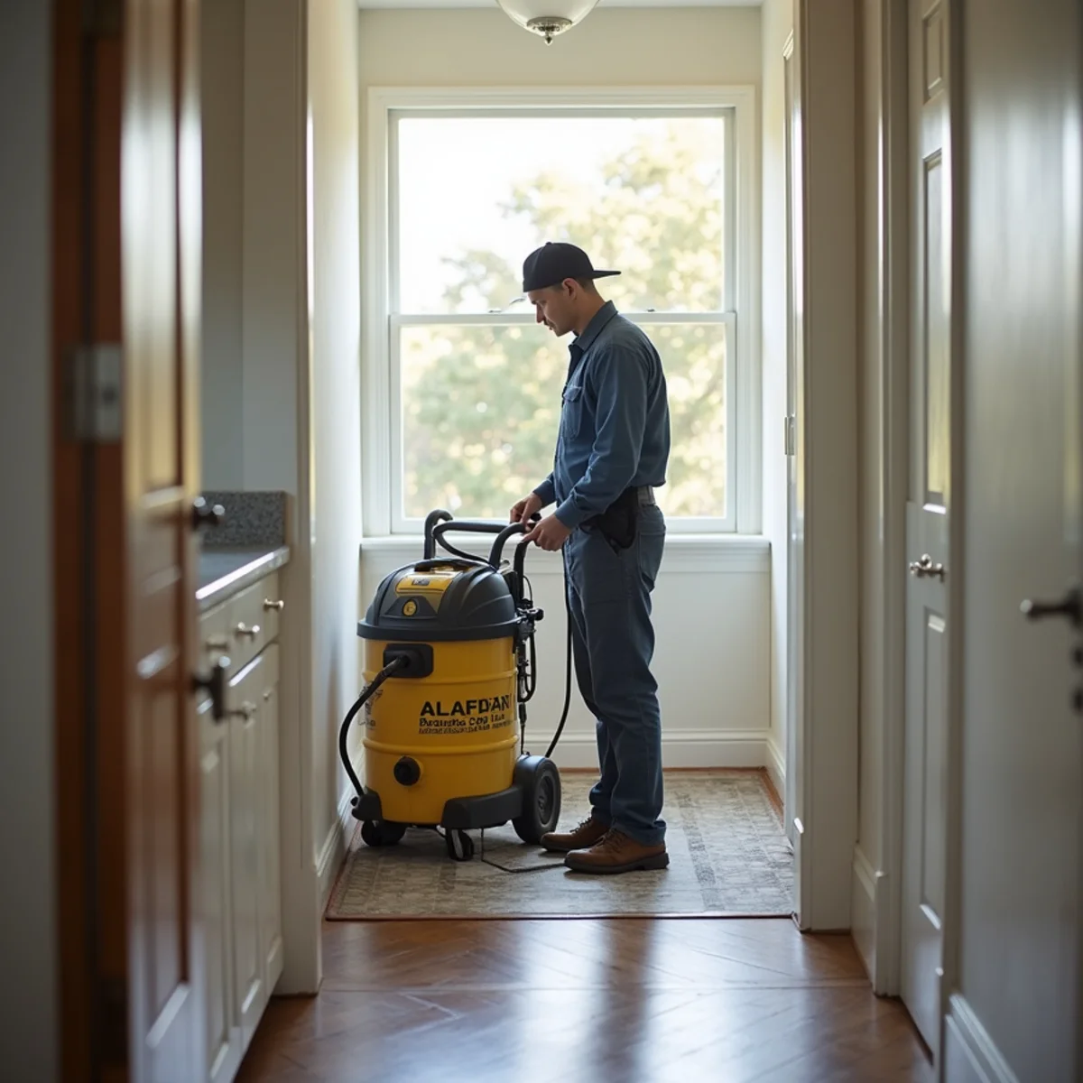 Air scrubber running during odor removal in a Daly City home