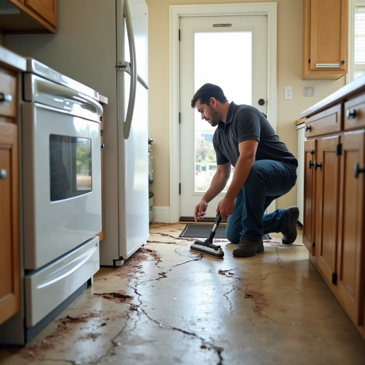 Warped flooring from a slow refrigerator water line leak in a Daly City kitchen