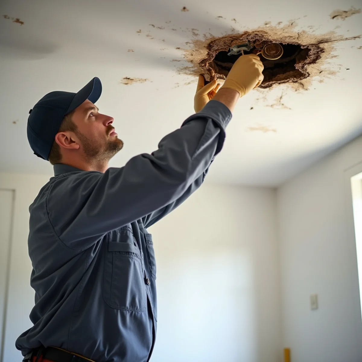 Technician inspecting roof leak water damage on a Daly City ceiling