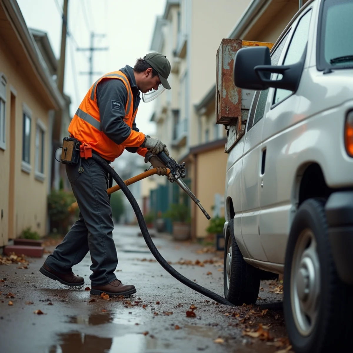 Technician in protective gear performing sewage backup cleanup in Daly City, CA