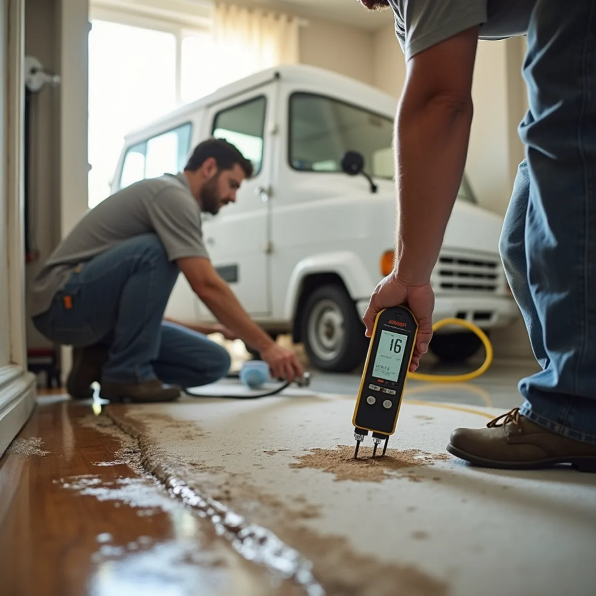 Moisture meter detecting a slab leak under flooring in a Daly City home