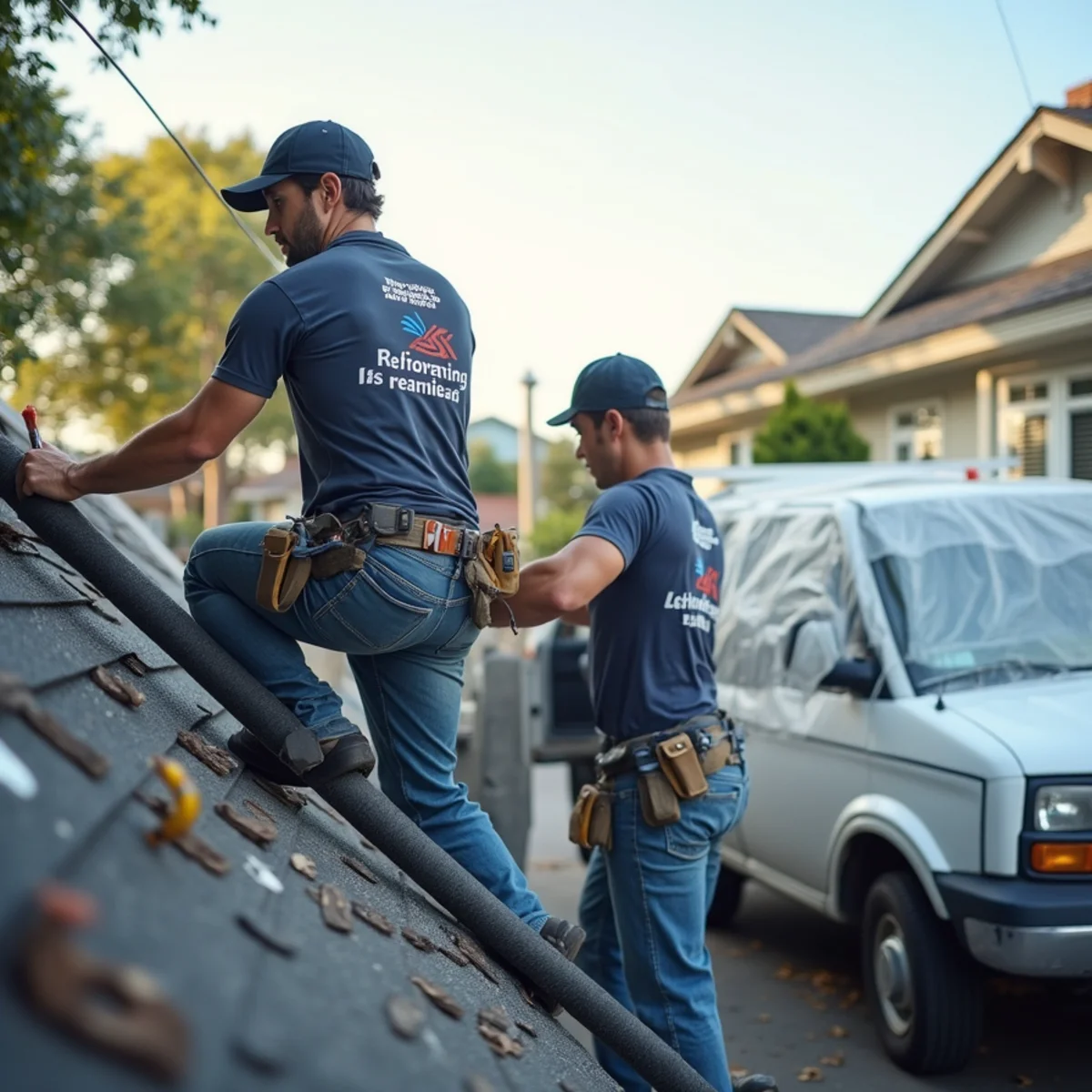 Storm damage restoration crew tarping a roof leak on a Daly City home
