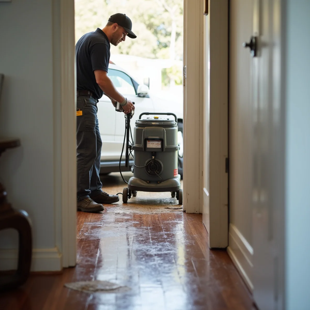 Structural Drying & Dehumidification in progress by an IICRC-certified technician in a Daly City, CA home
