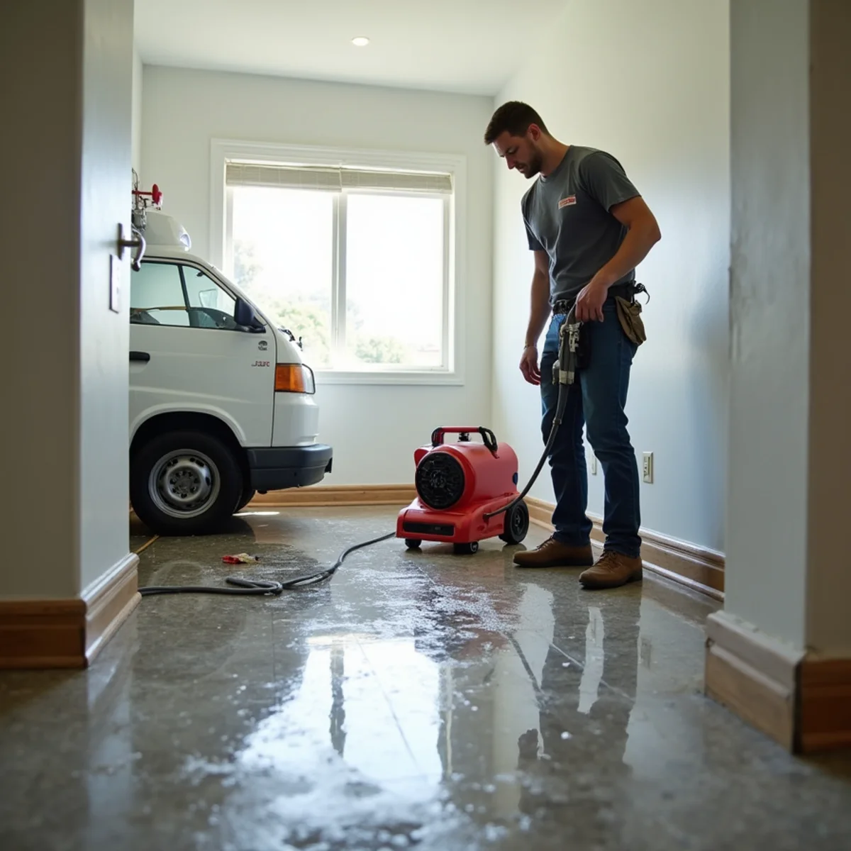 Air movers and a dehumidifier drying a water-damaged floor in Daly City, CA